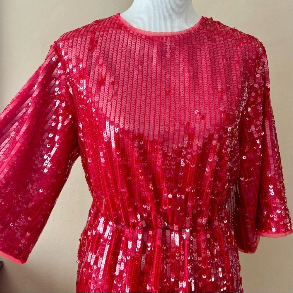 J. Crew Red Sequin V-back Dress Kimono Sleeve Size 6